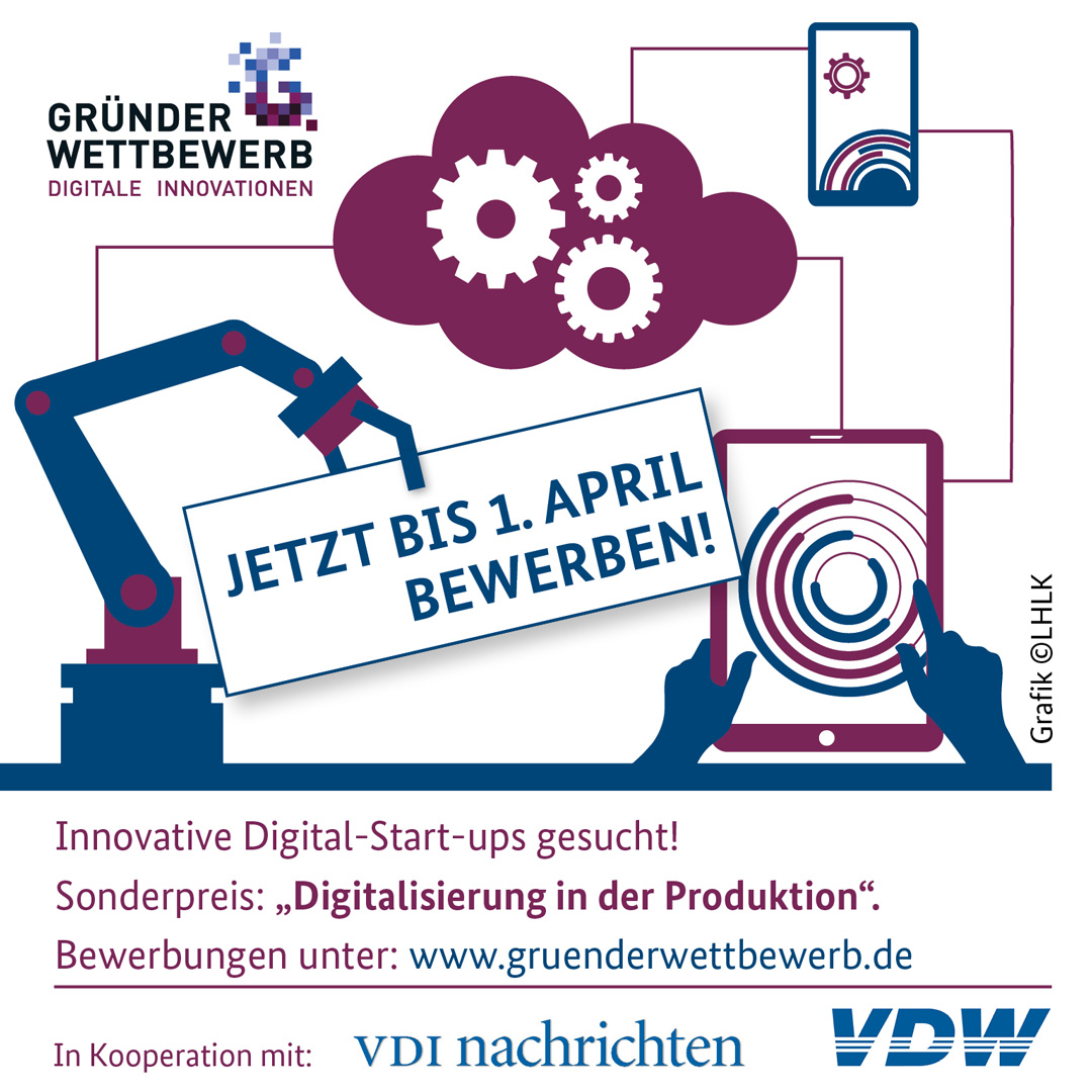 Gründerwettbewerb Digitale Innovationen startet: Der Sonderpreis „Digitalisierung in der Produktion“ wird erstmals zur EMO Hannover 2019 verliehen. Die Anmeldung ist bis zum 01. April 2019 möglich.