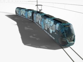 Neuartiges Straßenbahn-Wagenkasten-Konzept mit einer hexagonalen Tragwerkstruktur, das sich durch Leichtbau und offenes Design mit großer freier Sichtfläche auszeichnet. Foto: Panik Ebner Design