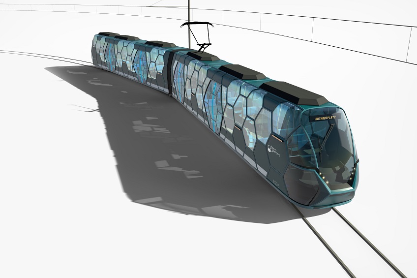 Neuartiges Straßenbahn-Wagenkasten-Konzept mit einer hexagonalen Tragwerkstruktur, das sich durch Leichtbau und offenes Design mit großer freier Sichtfläche auszeichnet. Foto: Panik Ebner Design