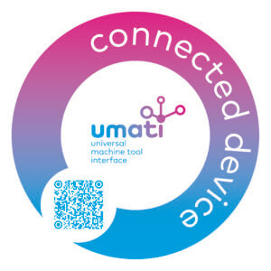 This sticker on a machine indicates that it is connected via umati. The data can be tracked live in a central dashboard by scanning the QR code. Picture VDW