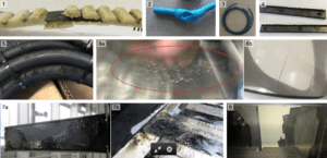 Damage can occur in a wide variety of components: Toothed belt made of polyurethane, pneumatic hose, piston seal, tool changer, wiper, coolant hose (2x), working area panel / machine window, linear motor (2x), roller cover (from top left to bottom right) Photo: VDW