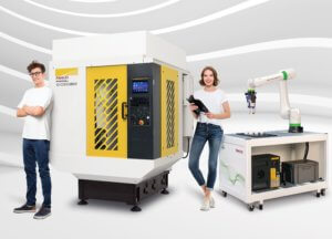 Students standing in front of the ROBODRILL and CRX (ROBODRILL Educational Package) on a light background.