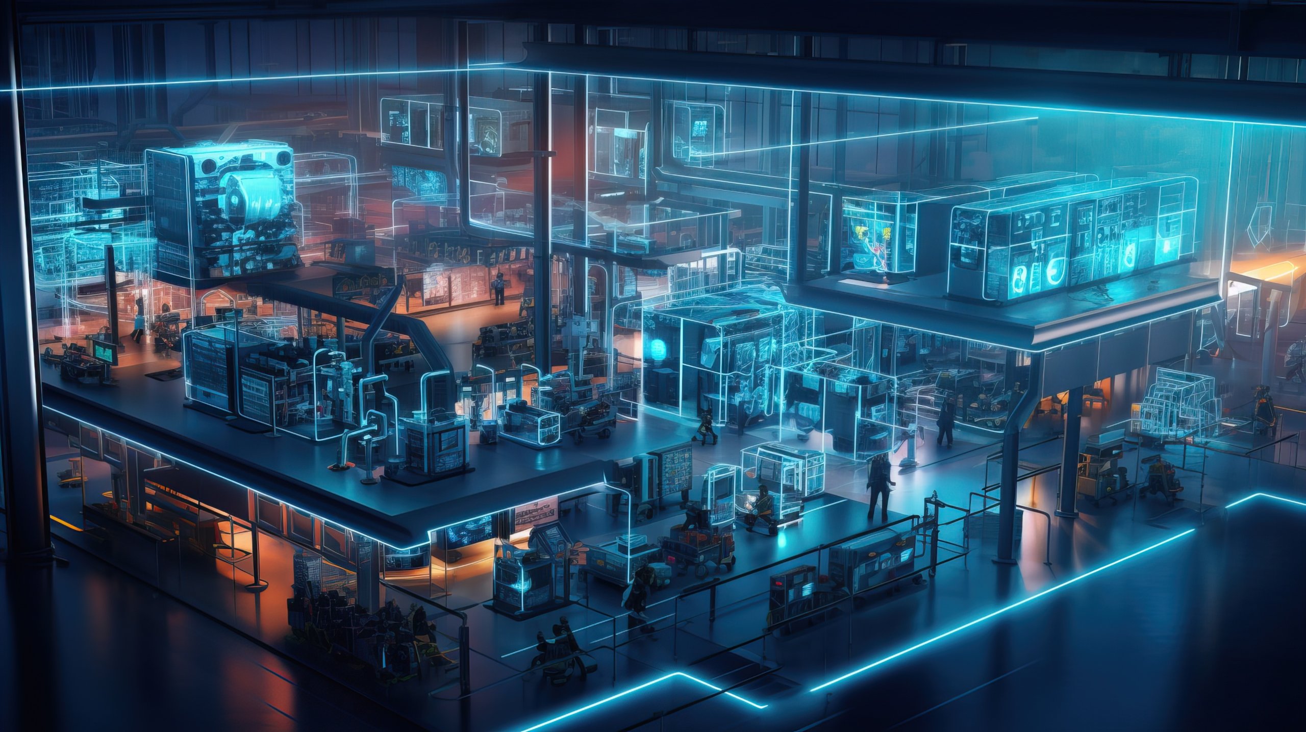 Industry. Smart factory interior showcases machines, efficient workstations, and automated production lines, optimizing the manufacturing process for improved performance. The concept of optimal work